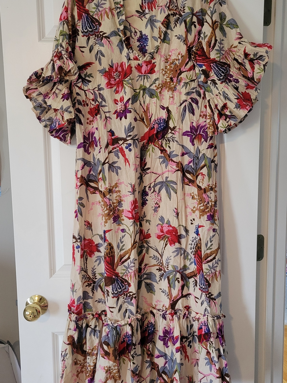 Cream Floral & Bird Print Ruffle Dress